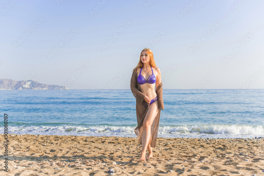 Vogue concept. Plus size model in holidays, modern woman wear casual romantic look . Fashionable lady outdoors portrait