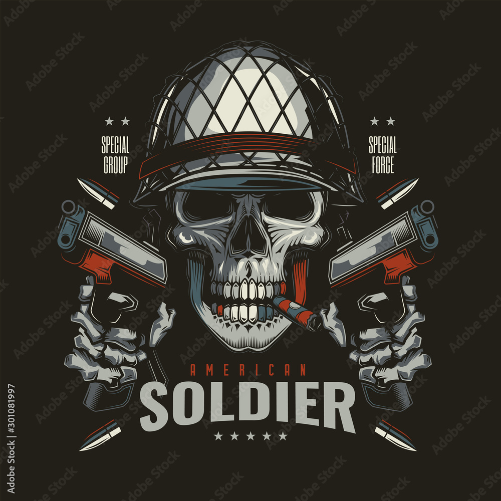 Original Vector Illustration In Retro Style. Skull Military With Two  Pistols In The Hands Of. T-Shirt Or Sticker Design. Stock Vector | Adobe  Stock