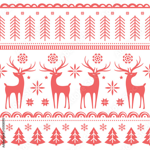 Beautiful seamless pattern with gorgeous deer and snowflake. Winter background for Christmas or New Year design. Vector illustration. Nordic seamless pattern