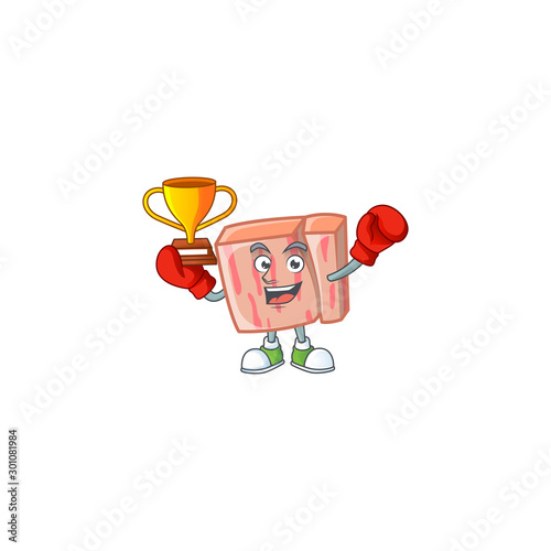 Cartoon meat in the character mascot boxing winner