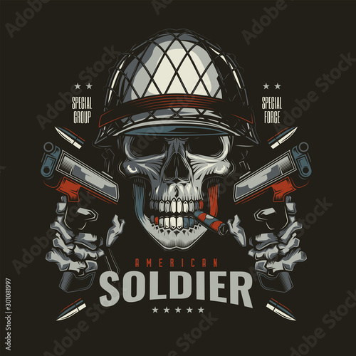 Original vector illustration in retro style. Skull military with two pistols in the hands of. T-shirt or sticker design.