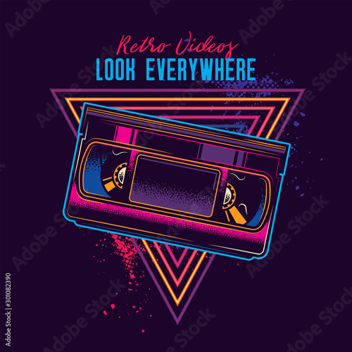 Vintage videotape with magnetic tape in neon style. Original vector illustration.