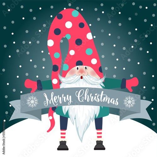 Christmas card with cute gnome and wishes. Flat design. Vector