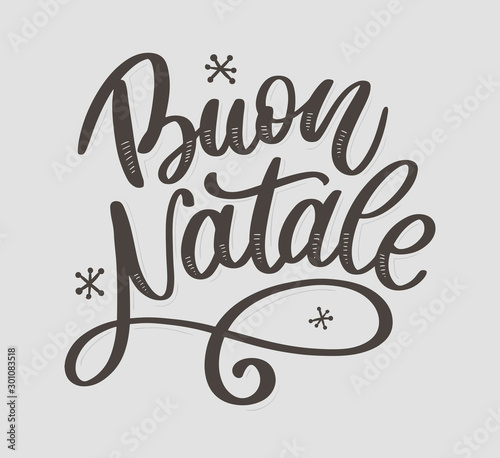 Buon Natale. Merry Christmas Calligraphy Template in Italian. Greeting Card Black Typography on White Background. Vector Illustration Hand Drawn Lettering.