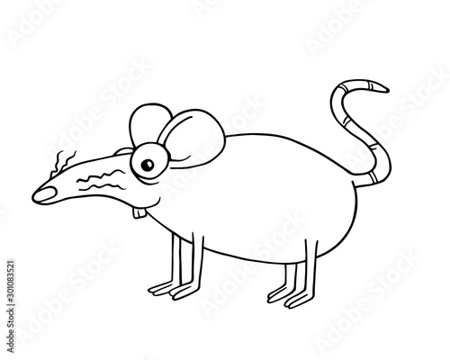 Line art rat or mouse staying on feet sideview and smiling. Illustration isolated on flat white background for kids coloring book or for chinese new year of the rat. For children