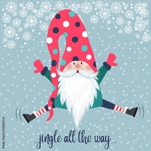 Cute gnome jump. Christmas card. Flat design.