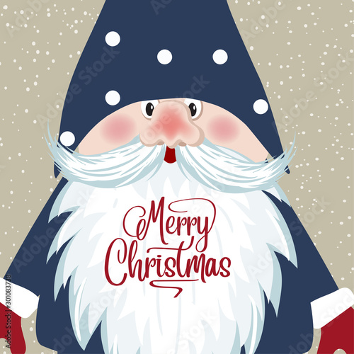 Christmas Card with gnome face. Retro style Christmas poster.