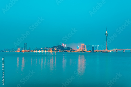 Night view of Macau Island on the other side of Zhuhai