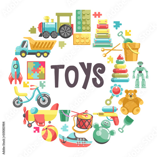 Kids toys banner with colorful icons set in circle