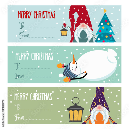 Cute flat design Christmas labels collection with snowmen and gnomes isolated on white background for presents. Vector