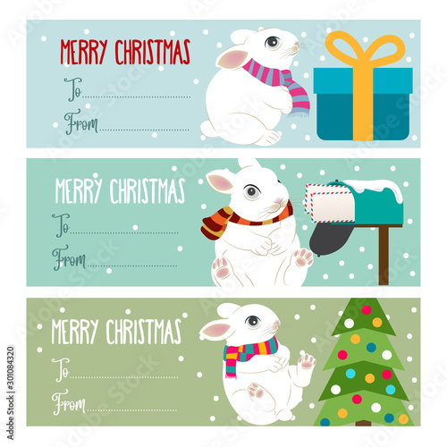 Cute flat design Christmas labels collection  for presets with rabbits. Vector