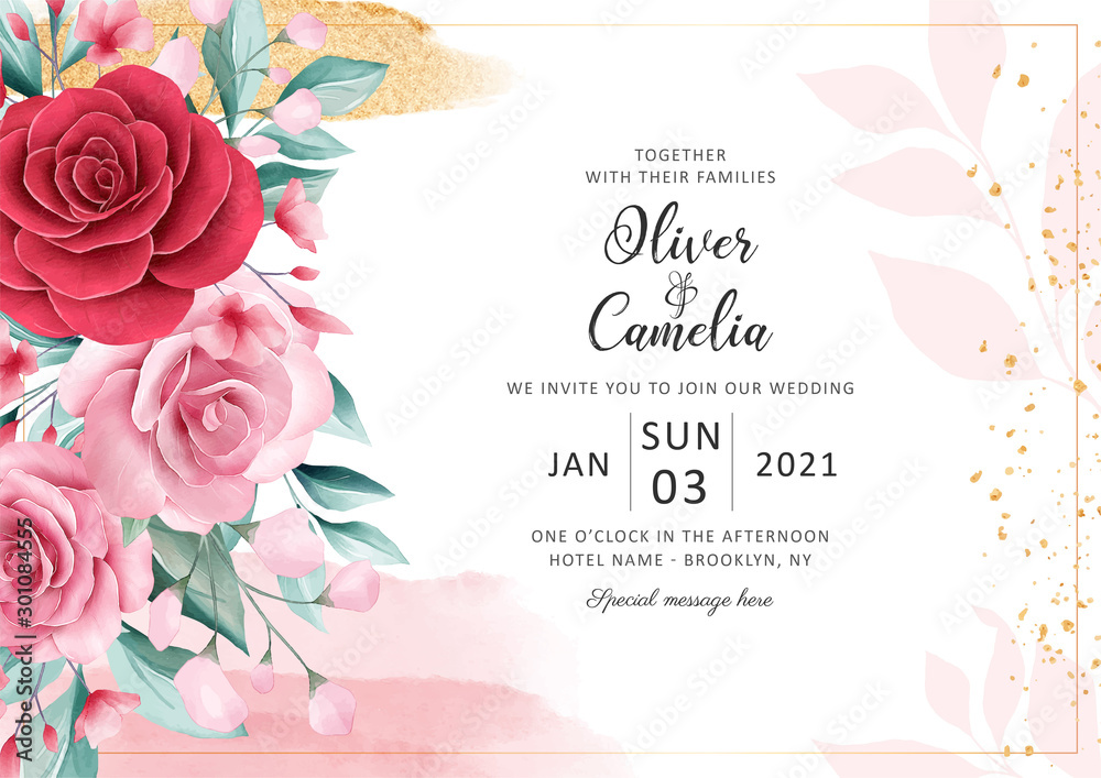 Horizontal floral wedding invitation card template set with watercolor and gold glitter decoration. Abstract background save the date, invitation, greeting card, multi-purpose vector