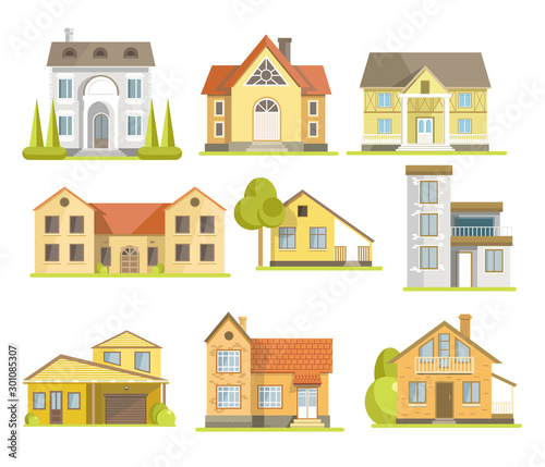 Houses and suburban residential buildings of different styles set