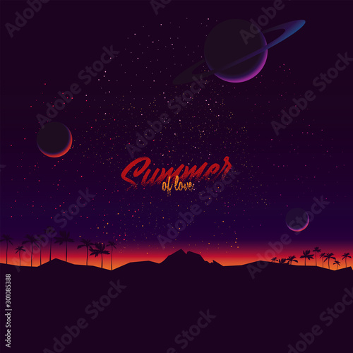 Original vector illustration in retro style. Sunrise on the background of the cosmic sky with planets and stars.