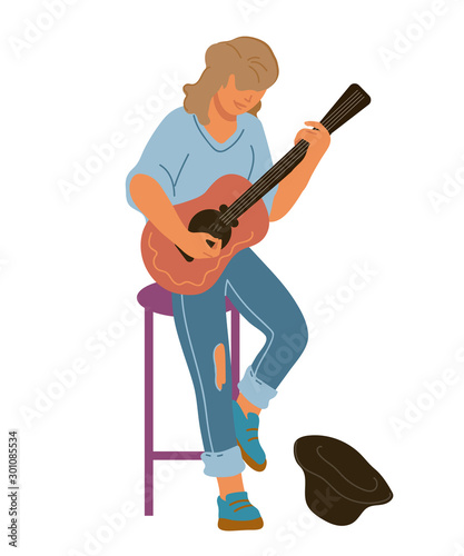 Street musician guitar player - professional artist or performer man cartoon character, flat vector illustration isolated on background. City amusement show guitarist.