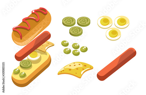 Hotdog ingredients and separate layers shown for fast food recipe