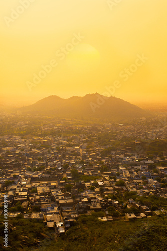 View of mountains, Maota lake and top view of entire Jaipur city from Amber fort.