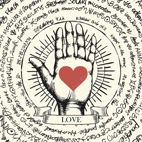 Vector illustration on love theme with open hand and red heart in retro style. Hand-drawn human palm with ancient unreadable scribbles written in a circle