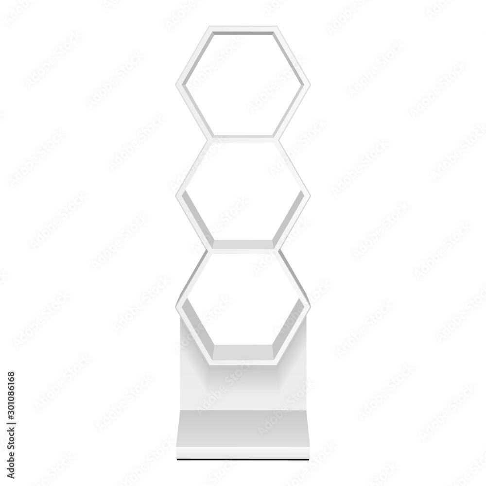Mockup Hexagonal Retail Shelves Floor Display Rack For Supermarket Blank Empty. Cell. Cardboard . Mock Up. 3D On White Background Isolated. Ready For Your Design. Product Advertising. Vector EPS10 Mockup Hexagonal Retail Shelves Floor Display Rack For Supermarket Blank Empty. Cell. Cardboard . Mock Up. 3D On White Background Isolated. Ready For Your Design. Product Advertising. Vector EPS10