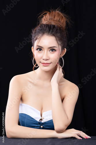 Portrait of beautiful young asian woman clean fresh bare skin concept. Asian girl beauty face skincare and health wellness  Facial treatment  Perfect skin  Natural make up isolated on black background