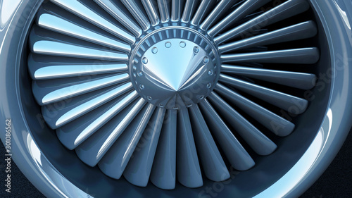 Close-up View of Modern Airplane Jet Engine Turbine. 3D Rendering