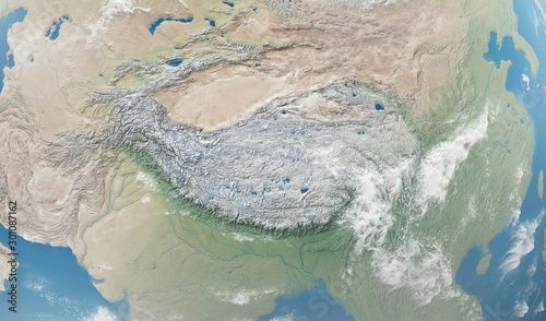 Fototapeta Naklejka Na Ścianę i Meble -  Close-up Detailed View on Tibetan Plateau from Space. Elements of this image furnished by NASA. 3D Rendering