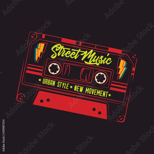 Original vector abstract illustration. A neon cassette tape.