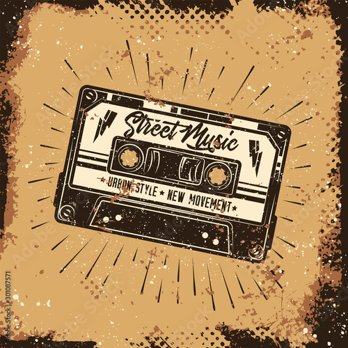 PrintOriginal vector illustration in retro style. Old cassette tape on grunge background.