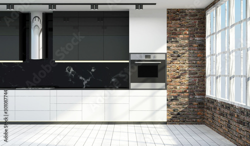 Modern Kitchen 3D Interior in LIght Tones.