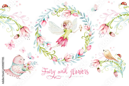 Cute Fairy character watercolor illustration on white background. Magic fantasy cartoon pink fairytale design. Baby girl birthday