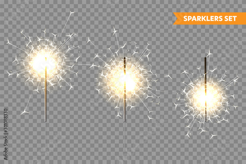 Realistic Christmas sparkler collection on transparent background. Bengal fire effect. Festive bright fireworks with sparks. New Year decoration. Burning sparkling candle. Vector illustration.