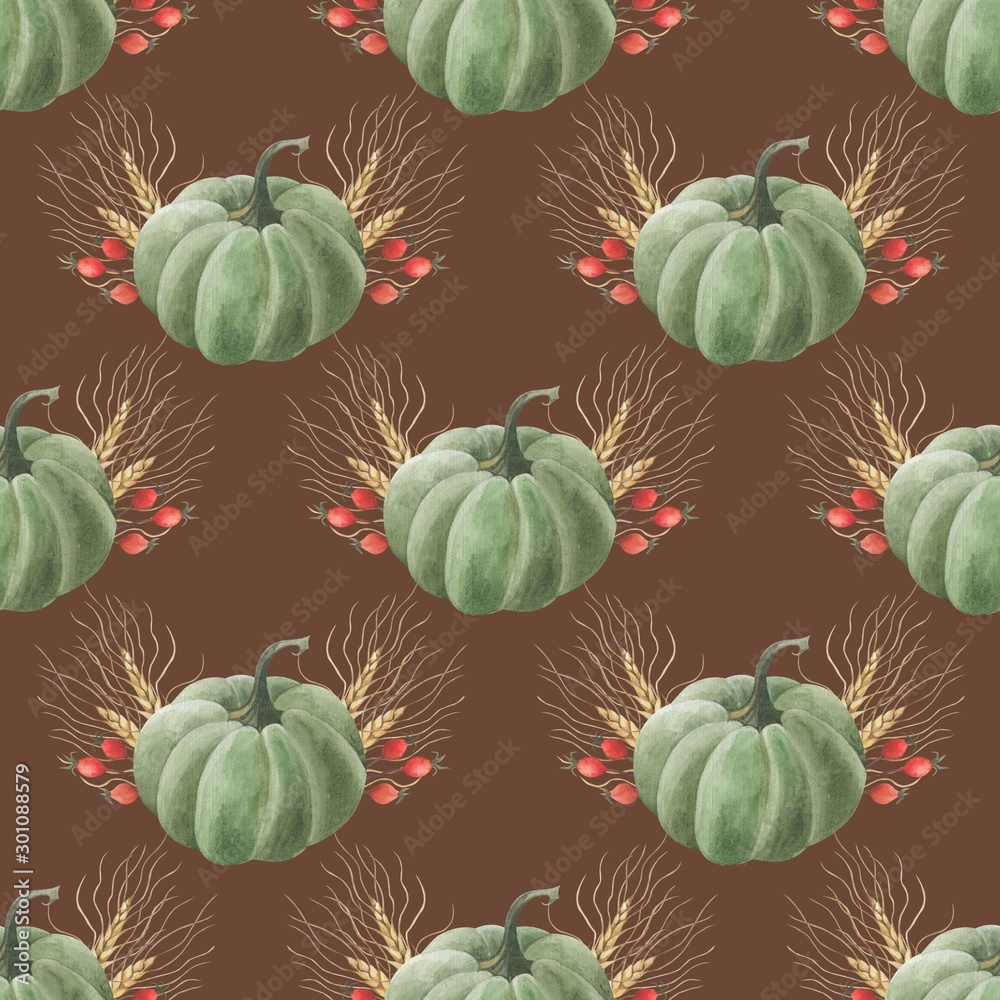 beautiful seamless background with pumpkins and autumn leaves and berries of rose hips and viburnum. Halloween. Can be used as background template for Wallpaper, fabric printing, packaging, etc.