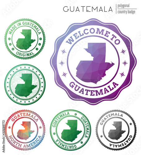 Guatemala badge. Colorful polygonal country symbol. Multicolored geometric Guatemala logos set. Vector illustration.