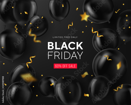 Black friday sale background with balloons and serpentine. Modern design.Universal vector background for poster, banners, flyers, card. Web-banner. Coupon. Landing page.