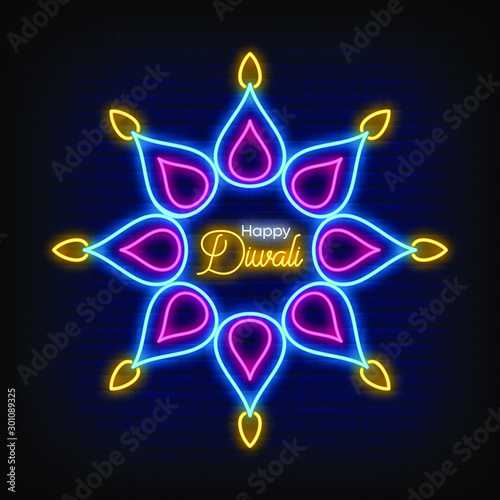 Happy Diwali Neon Signs Style Text Vector