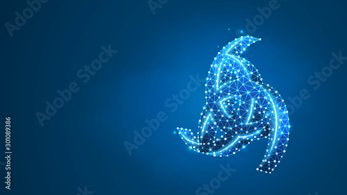 Paganism Odin horns sign. Element of Viking religion, Asgard God symbol. Abstract digital wireframe, low poly mesh, vector blue neon 3d illustration. Triangle, line dot