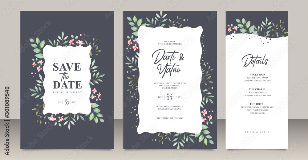 Wedding invitation card set template with leaves watercolor