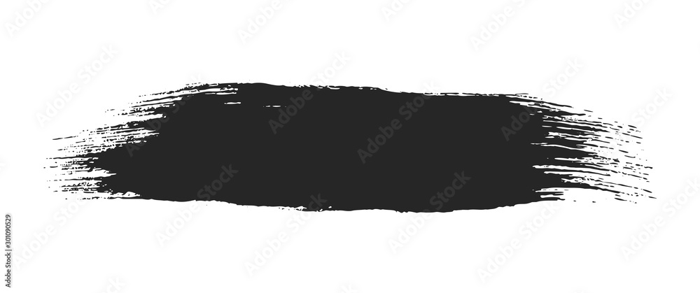 Black paint brush stroke isolated on white background. Dirty texture watercolor brush blot. Grungy stain banner for text message. Universal hand drawn graphic design element. Black ink painting.