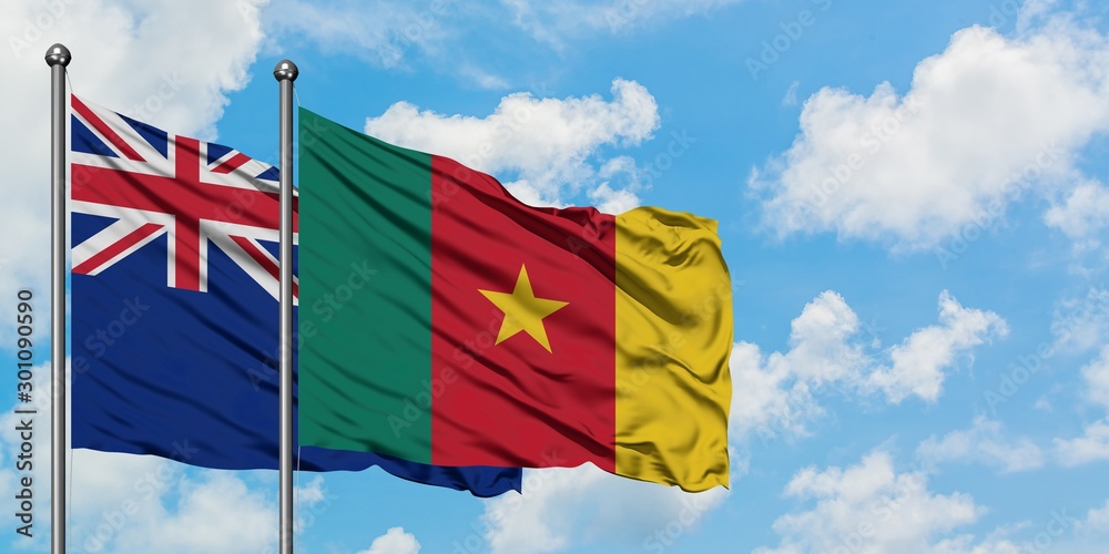 New Zealand and Cameroon flag waving in the wind against white cloudy blue sky together. Diplomacy concept, international relations.