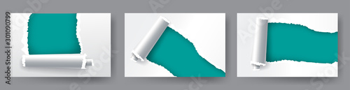 Torn paper holes in white paper with torn sides with space for text. Realistic set with ripped edges for web and print.