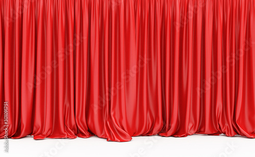 Closed Red Curtains at the Stage Performance isolated on white background. 3D Rendering