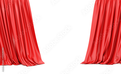 Open Red Curtains at the Stage Performance isolated on white background. 3D Rendering