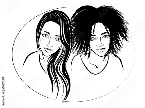 black and white illustration of two beautiful girls