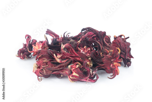 Dried Herbs Red Rosella, Jamaican Sorel, Roselle, Rozelle, Sorrel, Red Sorrel, Kharkade, Karkade, Vinuela, (Cabitutu Hibiscus sabdariffa Linn.) isolated on white background.Herbs anti-oxidan