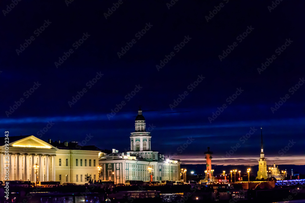 Building of Kunstkamera (or Kunstkammer). Peter the Great Museum of Anthropology and Ethnography in St. Petersburg, Russia. Night view from Neva river