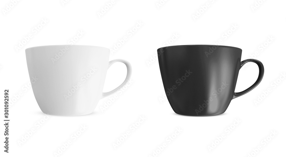 Black and White Tea Cup Mockup Design isolated on white background. 3D Rendering Black and White Tea Cup Mockup Design isolated on white background. 3D Rendering