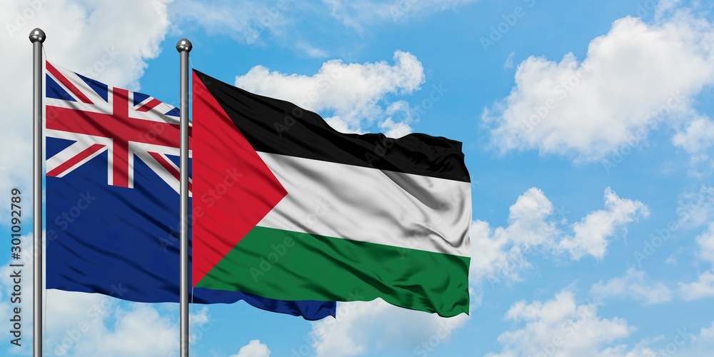 New Zealand and Palestine flag waving in the wind against white cloudy blue sky together. Diplomacy concept, international relations.
