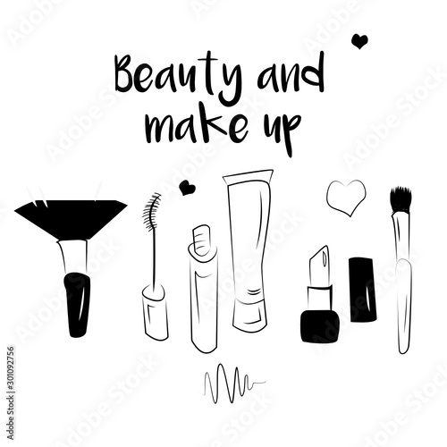 Hand drawn doodle illustration of makeup brushes. Abstract design.Female cosmetics sketch isolated  beauty tools. Concept for beauty salon, cosmetics label, cosmetology procedures, visage , makeup.