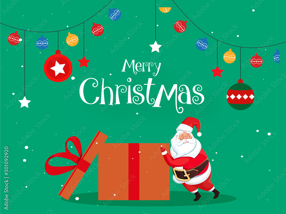 Merry Christmas greeting card design with santa claus pushing open gift box, hanging baubles and stars decorated on green background. Merry Christmas greeting card design with santa claus pushing open gift box, hanging baubles and stars decorated on green background.