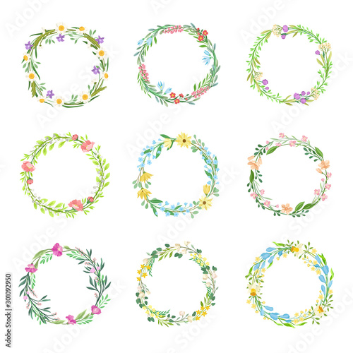Wildflowers Circle Frames Vector Set. Circular Botanical Wreath Collection